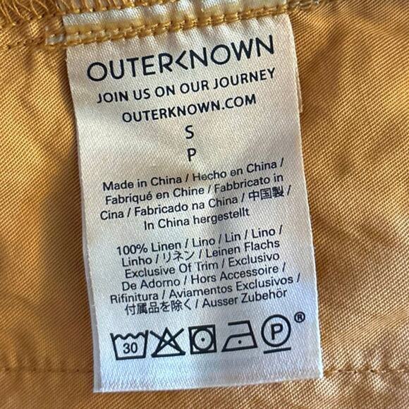 Outerknown S 100% Linen Wide Leg Cropped Pants Pockets Mustard Yellow Pull On - Picture 4 of 5